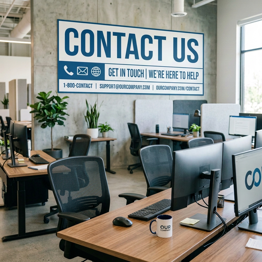 Contact center with sign reading CONTACT US; GET IN TOUCH | WE’RE HERE TO HELP; 1-800-CONTACT | SUPPORT@OURCOMPANY.COM | OURCOMPANY.COM/CONTACT; mug reads OUR COMPANY.